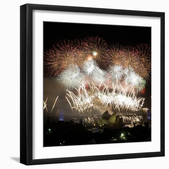 Fireworks Flash over Sydney Harbor During New Year Celebrations-null-Framed Photographic Print