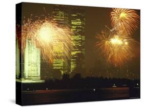 Fireworks for 4th of July Celebrations with Statue of Liberty and World Trade Center Towers-Ted Thai-Stretched Canvas