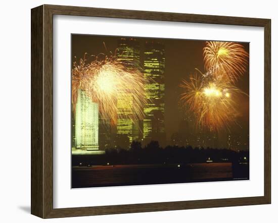 Fireworks for 4th of July Celebrations with Statue of Liberty and World Trade Center Towers-Ted Thai-Framed Photographic Print