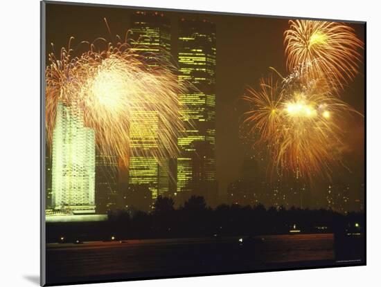 Fireworks for 4th of July Celebrations with Statue of Liberty and World Trade Center Towers-Ted Thai-Mounted Photographic Print