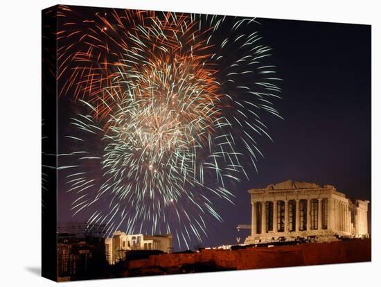 Fireworks Illuminate the Ancient Parthenon on Top of Acropolis Hill-null-Stretched Canvas