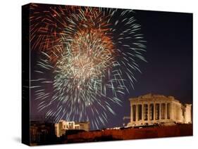 Fireworks Illuminate the Ancient Parthenon on Top of Acropolis Hill-null-Stretched Canvas