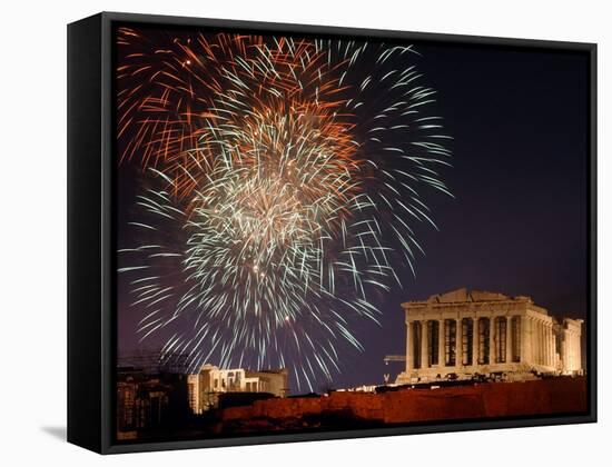 Fireworks Illuminate the Ancient Parthenon on Top of Acropolis Hill-null-Framed Stretched Canvas