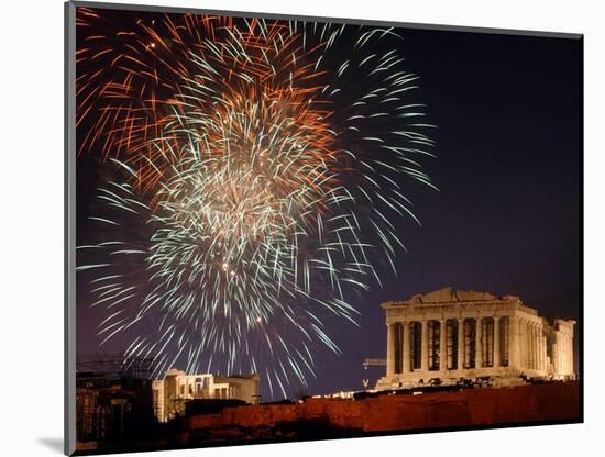 Fireworks Illuminate the Ancient Parthenon on Top of Acropolis Hill-null-Mounted Photographic Print