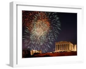 Fireworks Illuminate the Ancient Parthenon on Top of Acropolis Hill-null-Framed Photographic Print