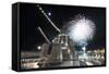 Fireworks Light Up the Sky Behind the Guided Missile Destroyer Js Kirishima-null-Framed Stretched Canvas