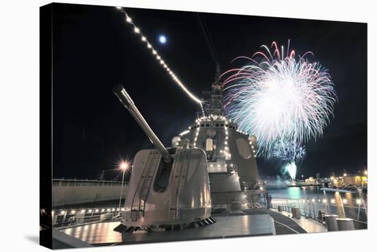 Fireworks Light Up the Sky Behind the Guided Missile Destroyer Js Kirishima-null-Stretched Canvas