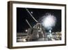 Fireworks Light Up the Sky Behind the Guided Missile Destroyer Js Kirishima-null-Framed Photographic Print