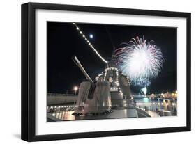 Fireworks Light Up the Sky Behind the Guided Missile Destroyer Js Kirishima-null-Framed Photographic Print