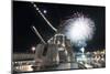 Fireworks Light Up the Sky Behind the Guided Missile Destroyer Js Kirishima-null-Mounted Photographic Print