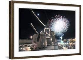 Fireworks Light Up the Sky Behind the Guided Missile Destroyer Js Kirishima-null-Framed Photographic Print
