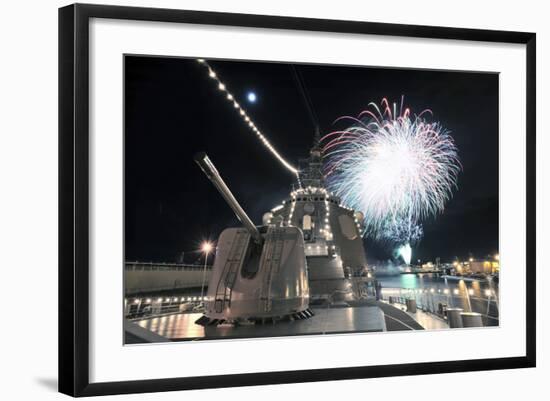 Fireworks Light Up the Sky Behind the Guided Missile Destroyer Js Kirishima-null-Framed Photographic Print