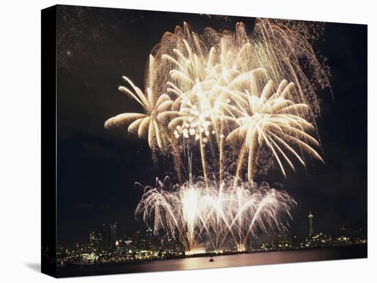 Fireworks on July 4th, at Gasworks Park; Space Needle in Background, Seattle, Washington, USA-Jamie & Judy Wild-Stretched Canvas