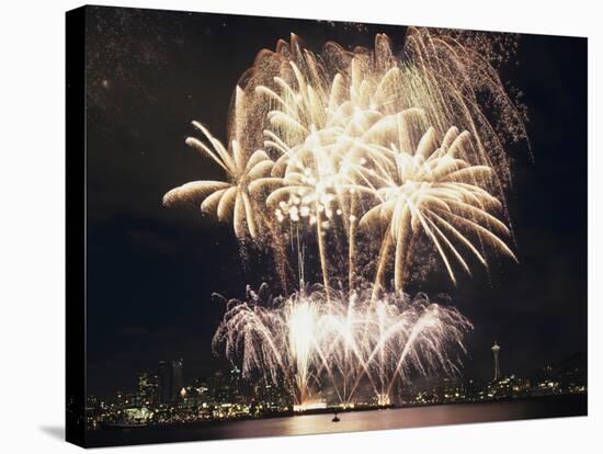 Fireworks on July 4th, at Gasworks Park; Space Needle in Background, Seattle, Washington, USA-Jamie & Judy Wild-Stretched Canvas