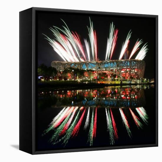 Fireworks over Bird's Nest, 2008 Summer Olympics, Beijing, China-null-Framed Stretched Canvas