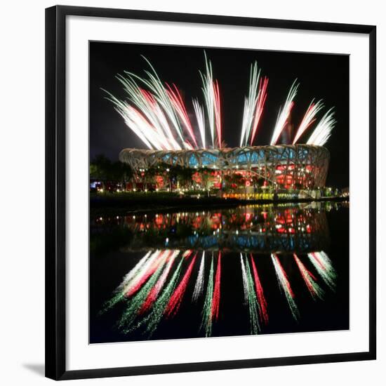 Fireworks over Bird's Nest, 2008 Summer Olympics, Beijing, China-null-Framed Photographic Print