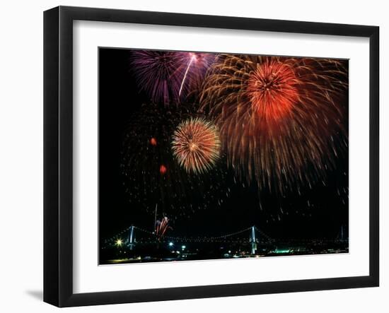 Fireworks Over Rainbow Bridge, Tokyo Bay, Japan-null-Framed Photographic Print