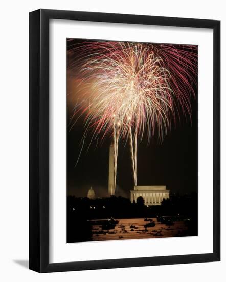 Fireworks Over the Capitol, the Washington Monument, and the Lincoln Memorial-null-Framed Photographic Print