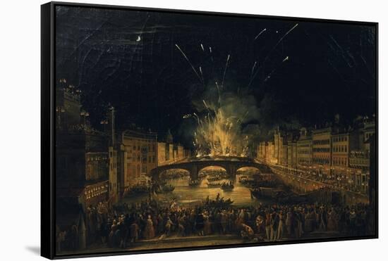 Fireworks over the Ponte alla Carraia, Florence in celebration of the feast of St. John the Baptist-Giovanni Signorini-Framed Stretched Canvas