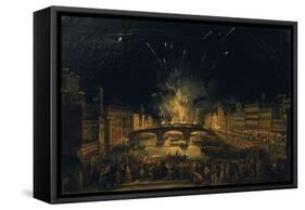 Fireworks over the Ponte alla Carraia, Florence in celebration of the feast of St. John the Baptist-Giovanni Signorini-Framed Stretched Canvas