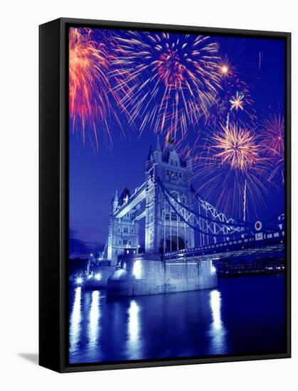 Fireworks Over the Tower Bridge, London, Great Britain, UK-Jim Zuckerman-Framed Stretched Canvas