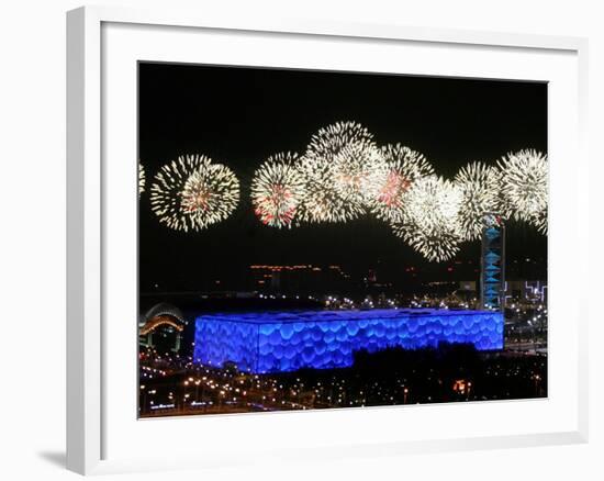 Fireworks over Water Cube, 2008 Summer Olympics, Beijing, China-null-Framed Photographic Print