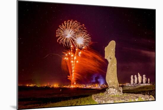 Fireworks Ring in the New Year from the Town of Hanga Roa over Moai-Michael Nolan-Mounted Photographic Print