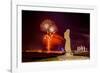 Fireworks Ring in the New Year from the Town of Hanga Roa over Moai-Michael Nolan-Framed Photographic Print