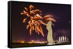 Fireworks Ring in the New Year from the Town of Hanga Roa over Moai-Michael Nolan-Framed Stretched Canvas