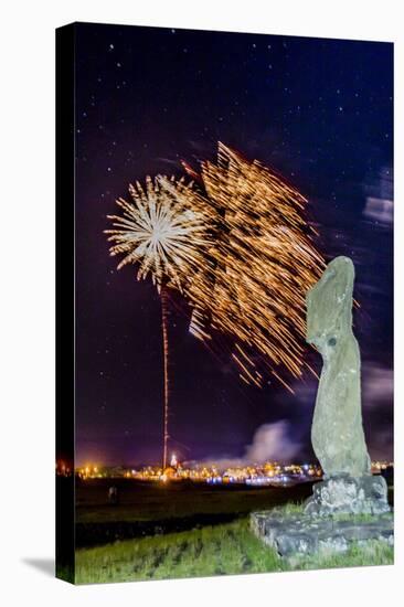 Fireworks Ring in the New Year from the Town of Hanga Roa over Moai-Michael Nolan-Stretched Canvas