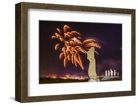 Fireworks Ring in the New Year from the Town of Hanga Roa over Moai-Michael Nolan-Framed Photographic Print