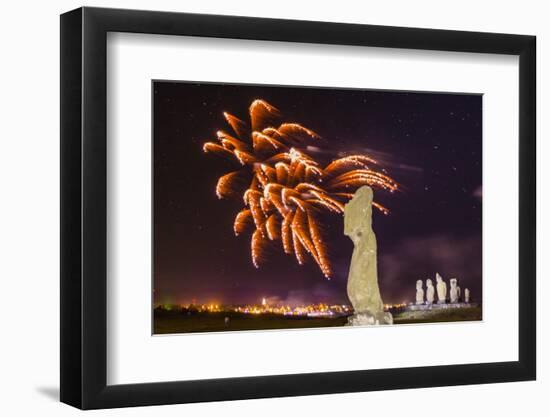 Fireworks Ring in the New Year from the Town of Hanga Roa over Moai-Michael Nolan-Framed Photographic Print