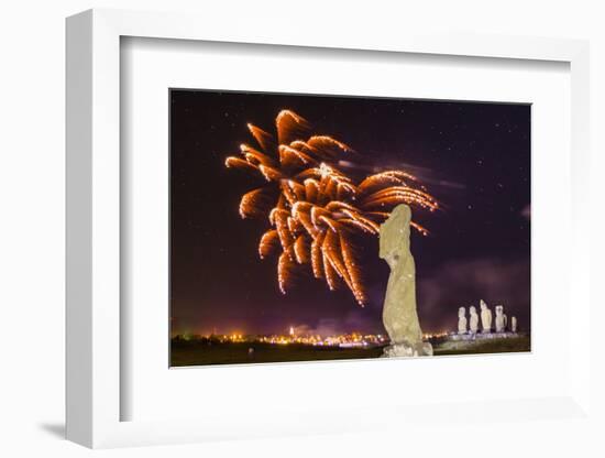 Fireworks Ring in the New Year from the Town of Hanga Roa over Moai-Michael Nolan-Framed Photographic Print