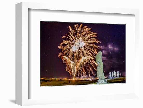 Fireworks Ring in the New Year from the Town of Hanga Roa over Moai-Michael Nolan-Framed Photographic Print