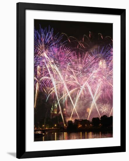 Fireworks Show by the Wawel Castle over Vistula River, Krakow, Poland-pryzmat-Framed Photographic Print