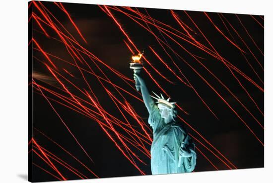 Fireworks Surrounding Statue of Liberty-Joe Polimeni-Stretched Canvas