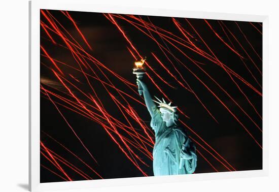 Fireworks Surrounding Statue of Liberty-Joe Polimeni-Framed Photographic Print