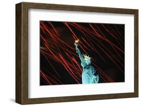 Fireworks Surrounding Statue of Liberty-Joe Polimeni-Framed Photographic Print