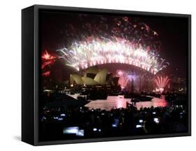 Fireworks That Flash Above Sydney Harbour Bridge and Opera House During New Year Celebrations-null-Framed Stretched Canvas