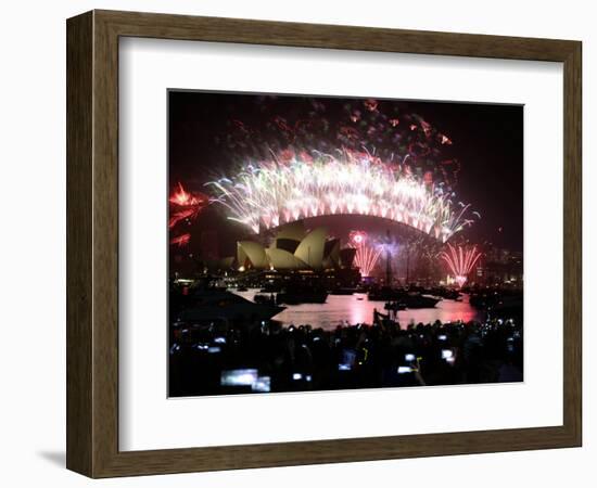 Fireworks That Flash Above Sydney Harbour Bridge and Opera House During New Year Celebrations-null-Framed Photographic Print