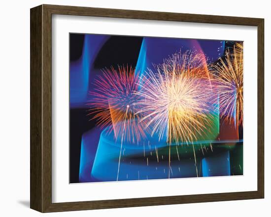 Fireworks with Digital Composite Background-null-Framed Photographic Print