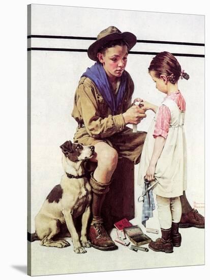 First Aid Lesson (or Scout Bandaging Girl’s Finger)-Norman Rockwell-Stretched Canvas
