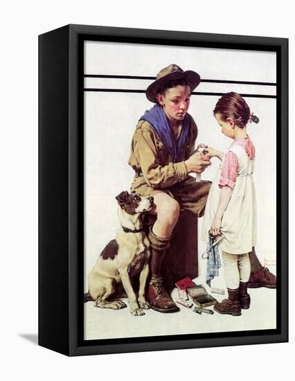 First Aid Lesson (or Scout Bandaging Girl’s Finger)-Norman Rockwell-Framed Stretched Canvas