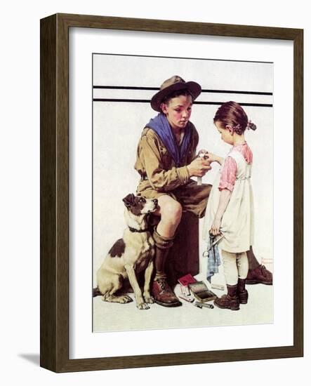 First Aid Lesson (or Scout Bandaging Girl’s Finger)-Norman Rockwell-Framed Giclee Print