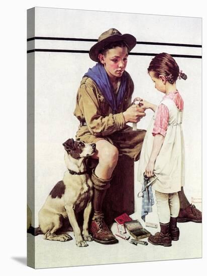 First Aid Lesson (or Scout Bandaging Girl’s Finger)-Norman Rockwell-Stretched Canvas