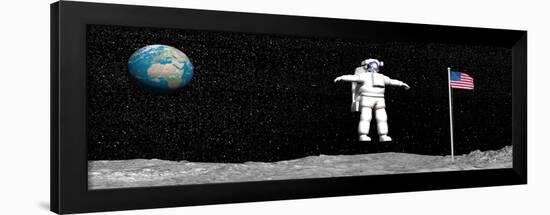 First Astronaut on the Moon Floating Next to American Flag-null-Framed Art Print