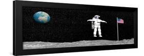 First Astronaut on the Moon Floating Next to American Flag-null-Framed Art Print