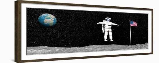 First Astronaut on the Moon Floating Next to American Flag-null-Framed Premium Giclee Print