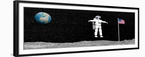 First Astronaut on the Moon Floating Next to American Flag-null-Framed Premium Giclee Print
