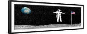 First Astronaut on the Moon Floating Next to American Flag-null-Framed Premium Giclee Print